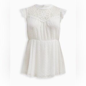 Torrid Peplum Chiffon Clip Dot Crochet Trim Top Elegant White Lace Women's Top